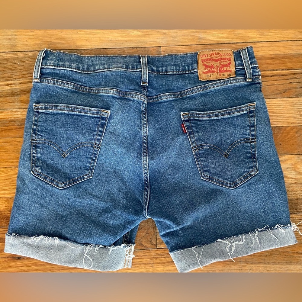 Upcycled Levi’s distressed hem jean shorts